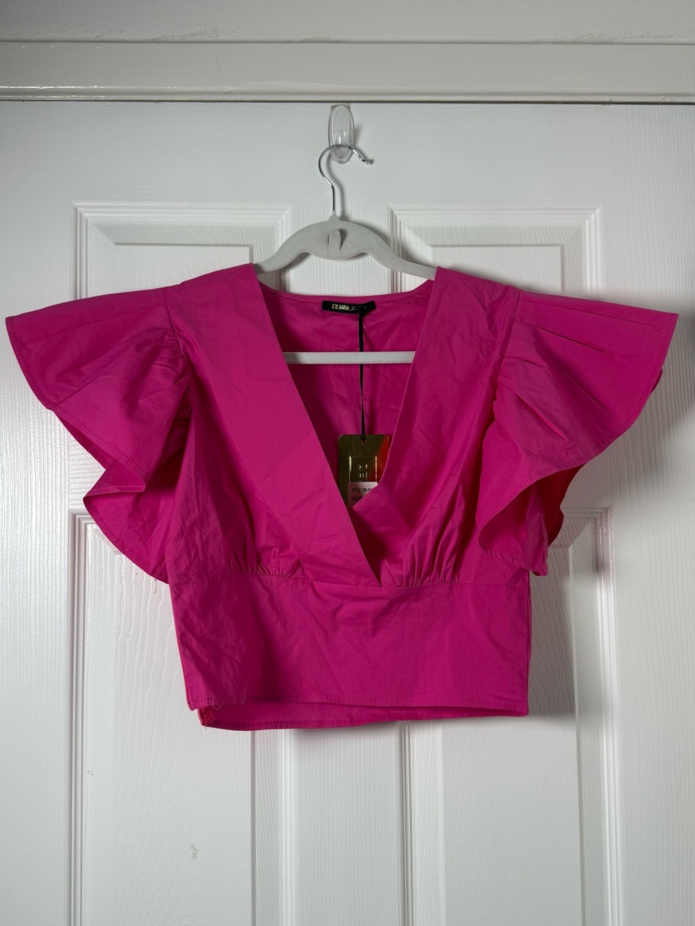 ZARA Fuchsia V-Neck Ruffle Sleeve Crop Top